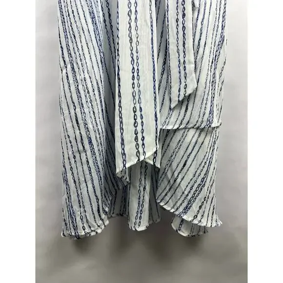 DKNY Wrap Dress, Blue White Chain Stripe, Sleeveless, Belted Asymmetrical Hem - Picture 6 of 13